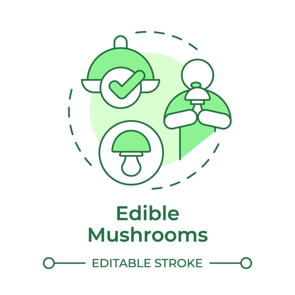 Edible mushrooms soft green concept icon. Safe mushrooms for eating. Foraging mushrooms. Vegan food. Round shape line illustration. Abstract idea. Graphic design. Easy to use in article vector