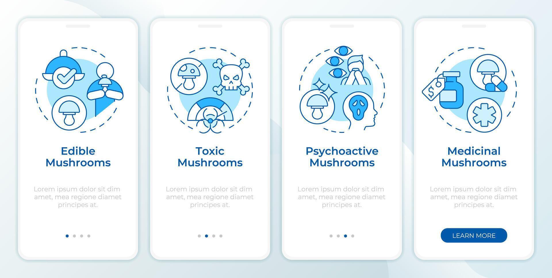 Mushroom types blue onboarding mobile app screen. Characteristics walkthrough 4 steps editable graphic instructions with linear concepts. UI, UX, GUI template vector