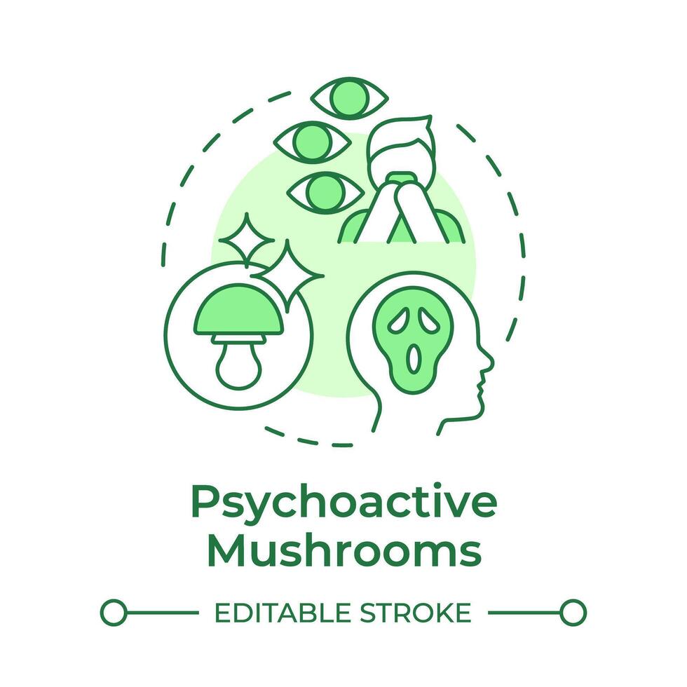 Psychoactive mushrooms soft green concept icon. Magic mushrooms. Visual distortions. Psychedelic fungi. Round shape line illustration. Abstract idea. Graphic design. Easy to use in article vector
