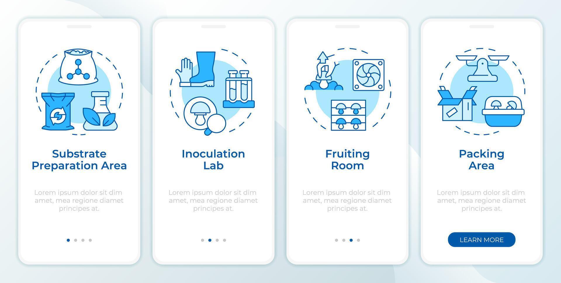 Mushroom farm parts blue onboarding mobile app screen. Walkthrough 4 steps editable graphic instructions with linear concepts. UI, UX, GUI template vector