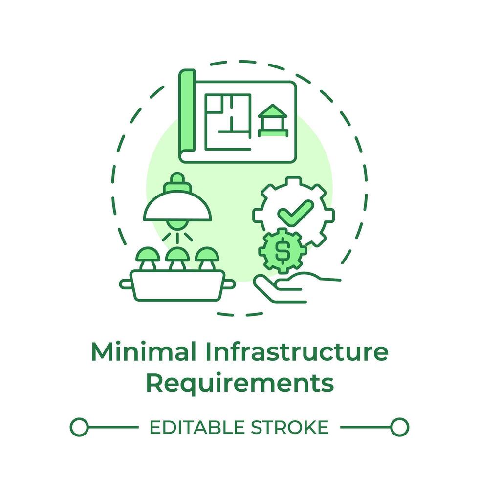 Minimal infrastructure requirement soft green concept icon. Mushroom farming benefit. Farming equipment. Round shape line illustration. Abstract idea. Graphic design. Easy to use in article vector