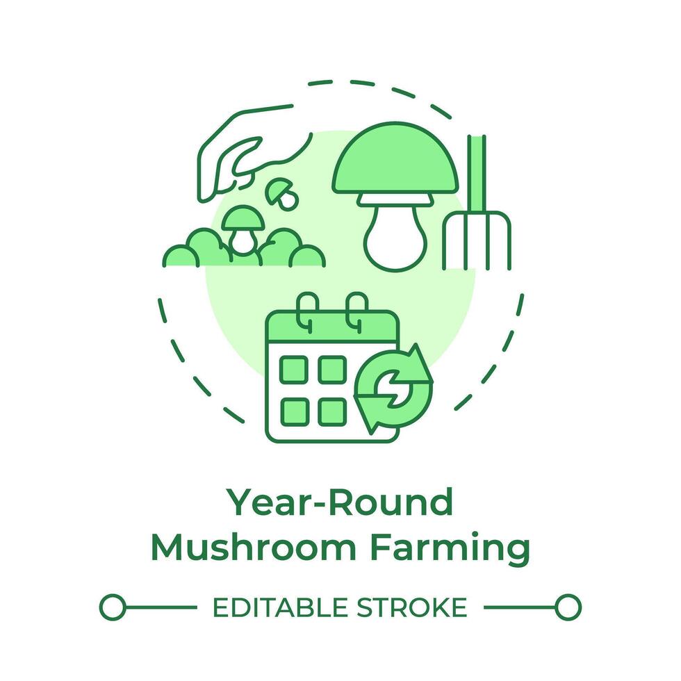 Year-round mushroom farming soft green concept icon. Mushroom cultivation benefit. Short growth cycle. Round shape line illustration. Abstract idea. Graphic design. Easy to use in article vector