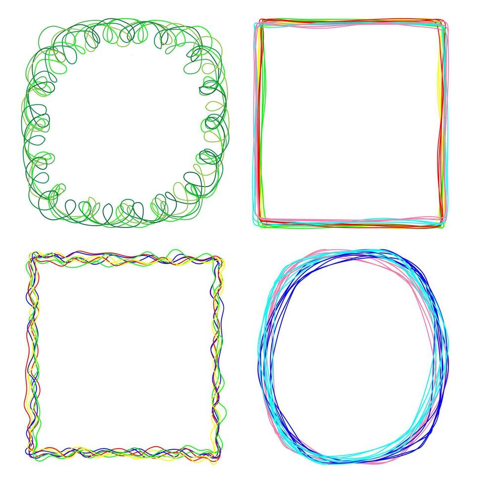 Set of multi-colored frames drawn with pencils in doodle style on a white background vector