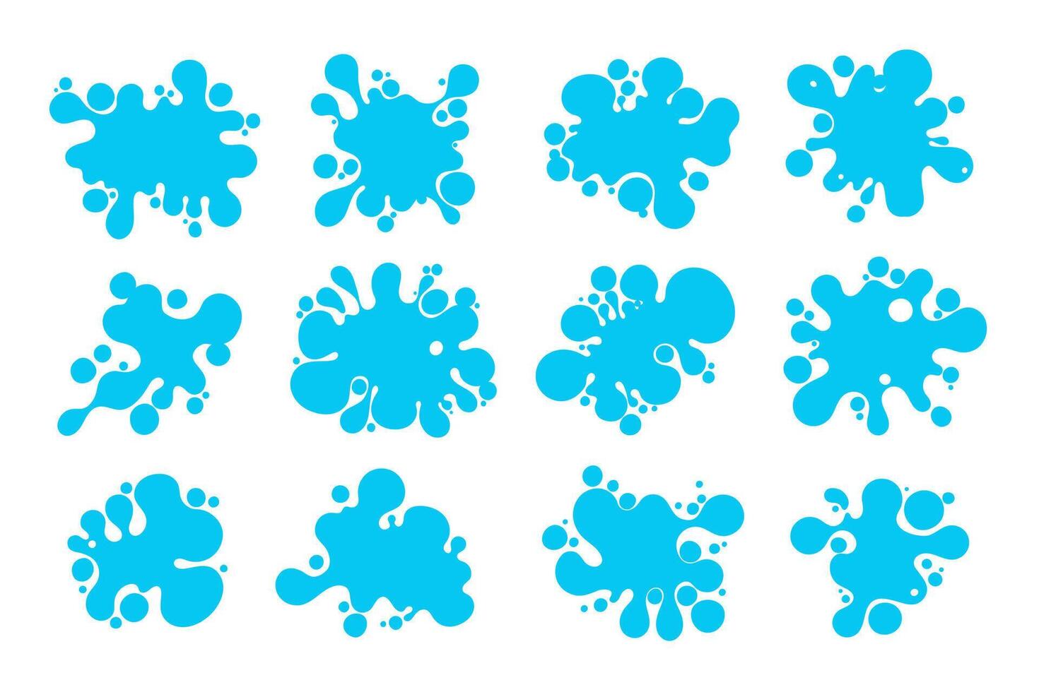 Liquid shapes, frames with uneven wavy edge set, collection. Water, fluid, paint, milk puddle, stain, rounded blot with splashes, drops, blobs, droplets. Design elements, backgrounds. vector