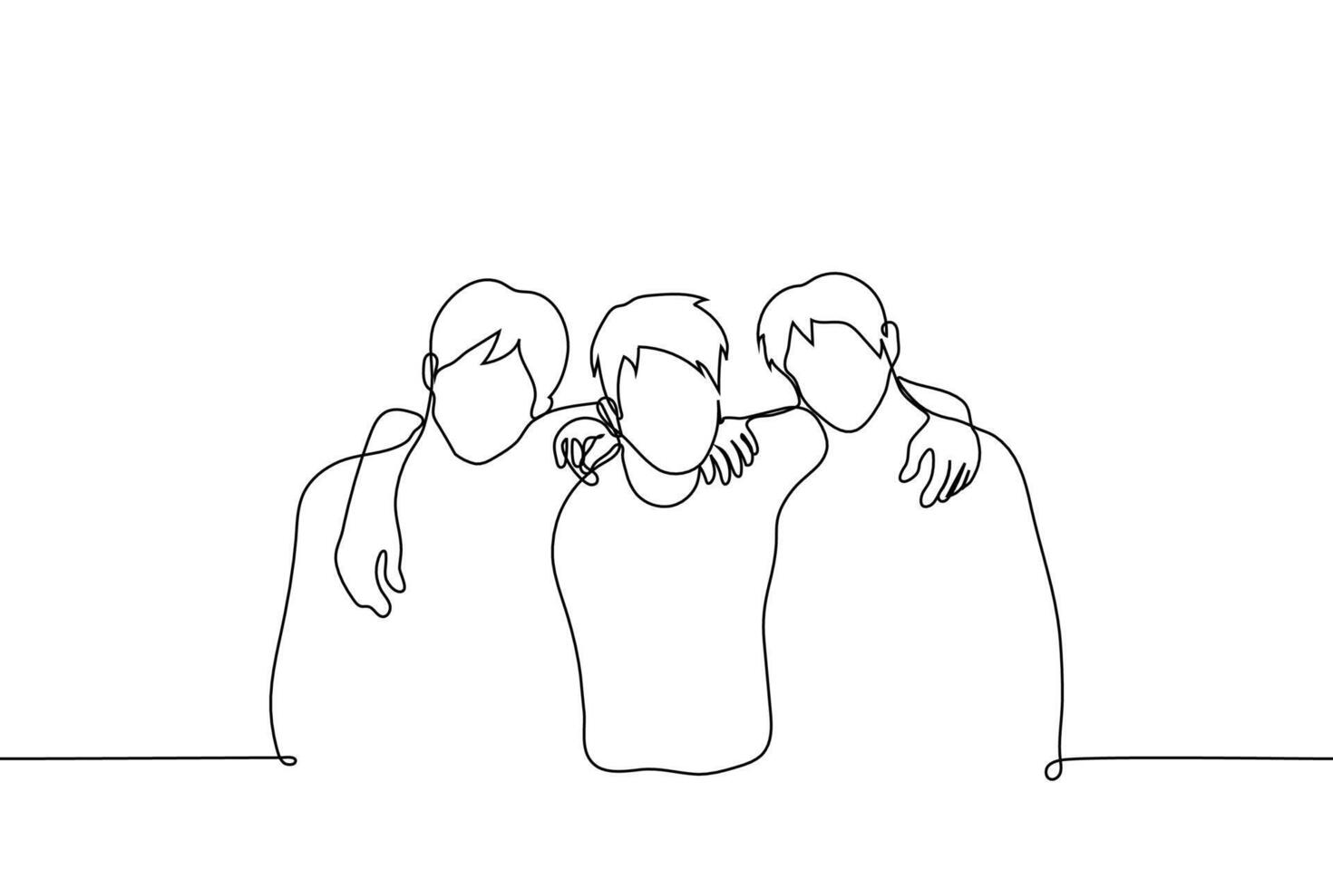 friends hugging shoulders - one line drawing . concept a group of friends posing for a photo vector