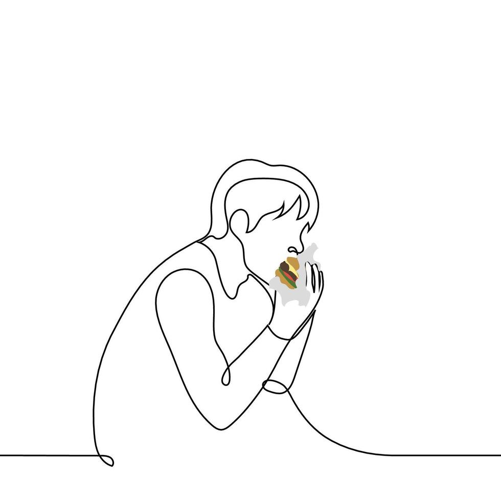 man eating burger in wrapping paper - one line drawing . concept satisfy hunger vector