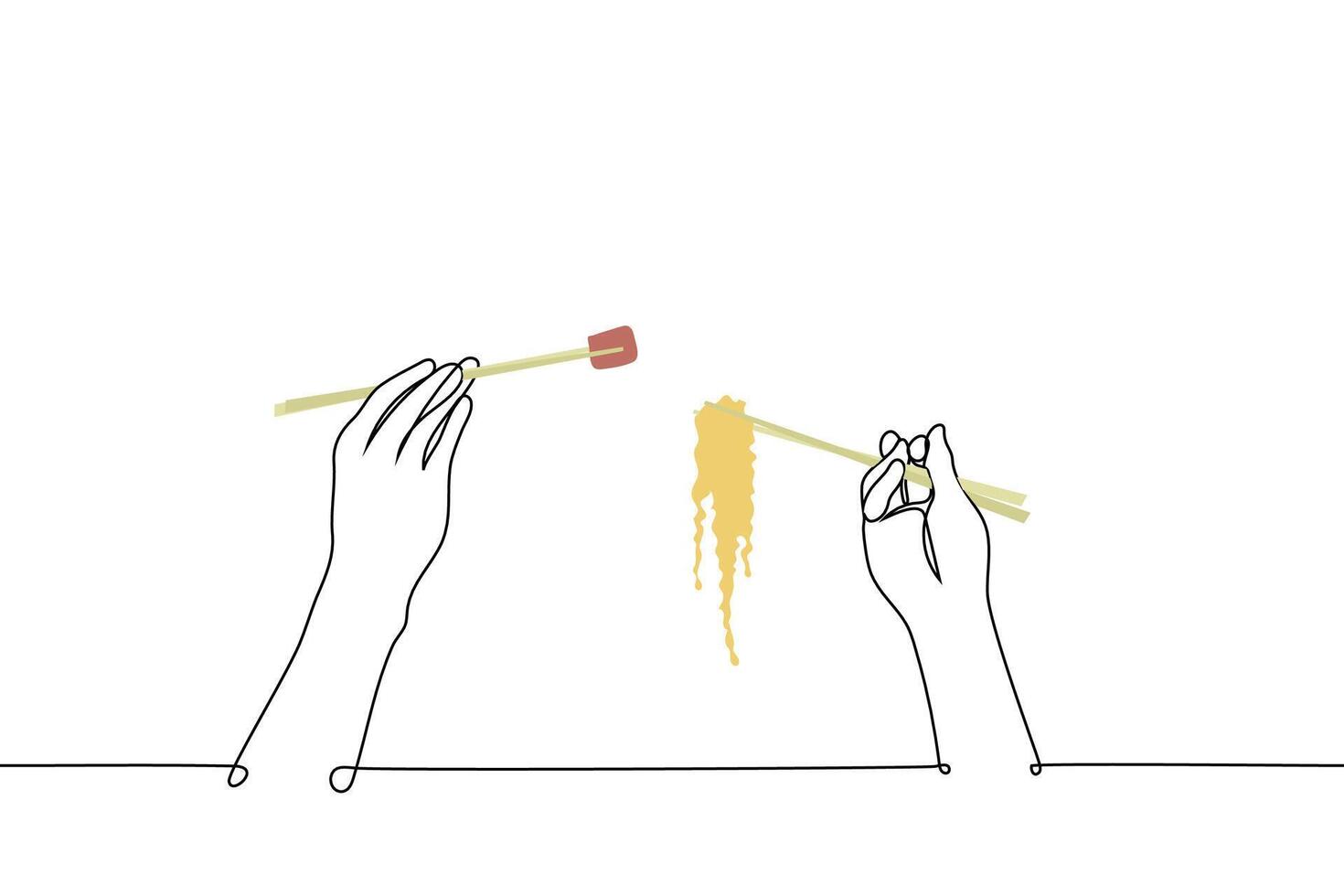 hands with chopsticks holding noodles and a piece of salmon - one line drawing . concept eat asian food, restaurant banner for asian food or delivery service vector