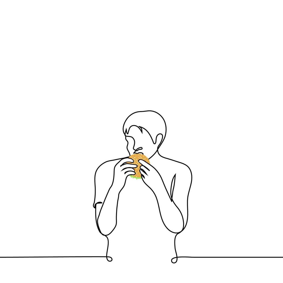 man eating sandwich - one line drawing . concept man standing and biting a sesame bun sandwich vector