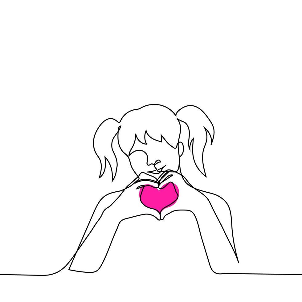 girl with ponytails shows a heart with her palms and smiles - one line drawing . concept of appreciation, love gesture Korean gesture heart, saranhae vector