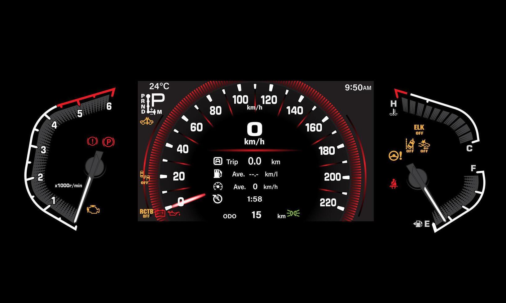 Car dashboard speed meter technology design modern futuristic on black background illustration. vector