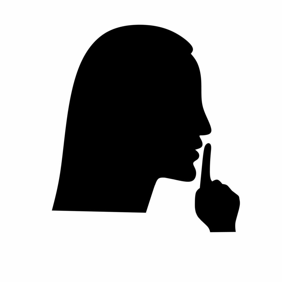 Please be quiet and calm. Shhh gesture icon with woman's face and hands. Finger covering mouth on white background. silhouette. vector