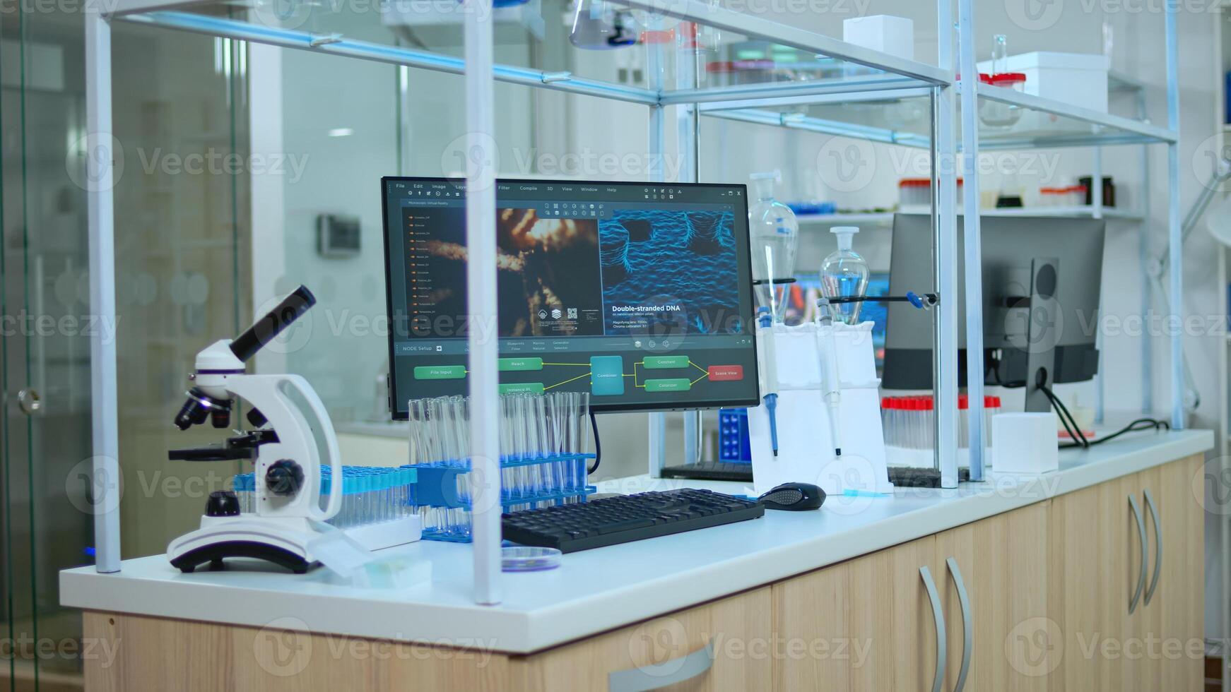 Chemist laboratory with nobody in it modernly equipped prepared for pharmaceutical innovation using high tech and microbiology tools for scientific research. Vaccine development against covid19 virus photo