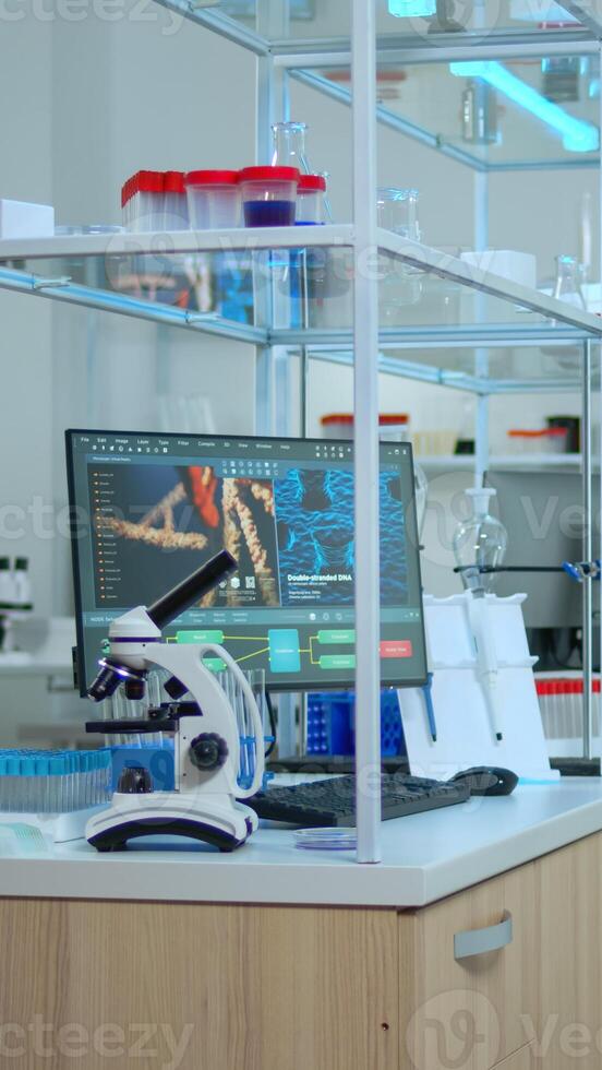 Empty laboratory modernly equipped with nobody in it, prepared for pharmaceutical innovation using high tech and microbiology tools for scientific research. Vaccine development against covid19 virus. photo