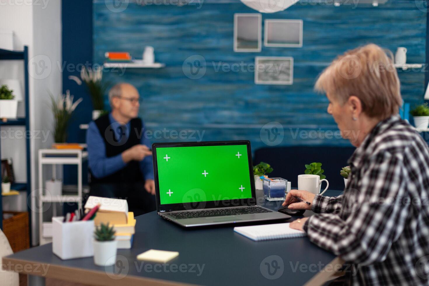 Senior woman taking notes on notebook looking at portable computer with copy space available. Elderly woman working on laptop with green screen and husband holding tv remote control. photo