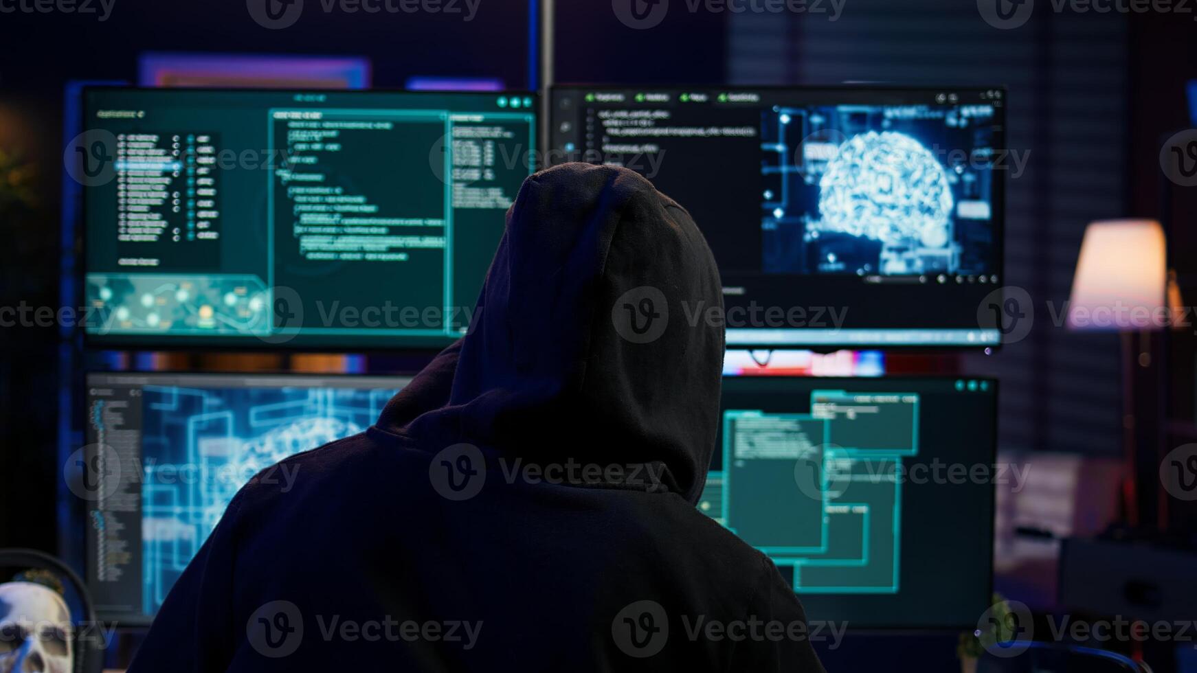 Cybercriminal using AI machine learning to develop zero day exploit undetectable by antivirus software. Hacker using artificial intelligence technology to build script tricking firewalls, camera B photo