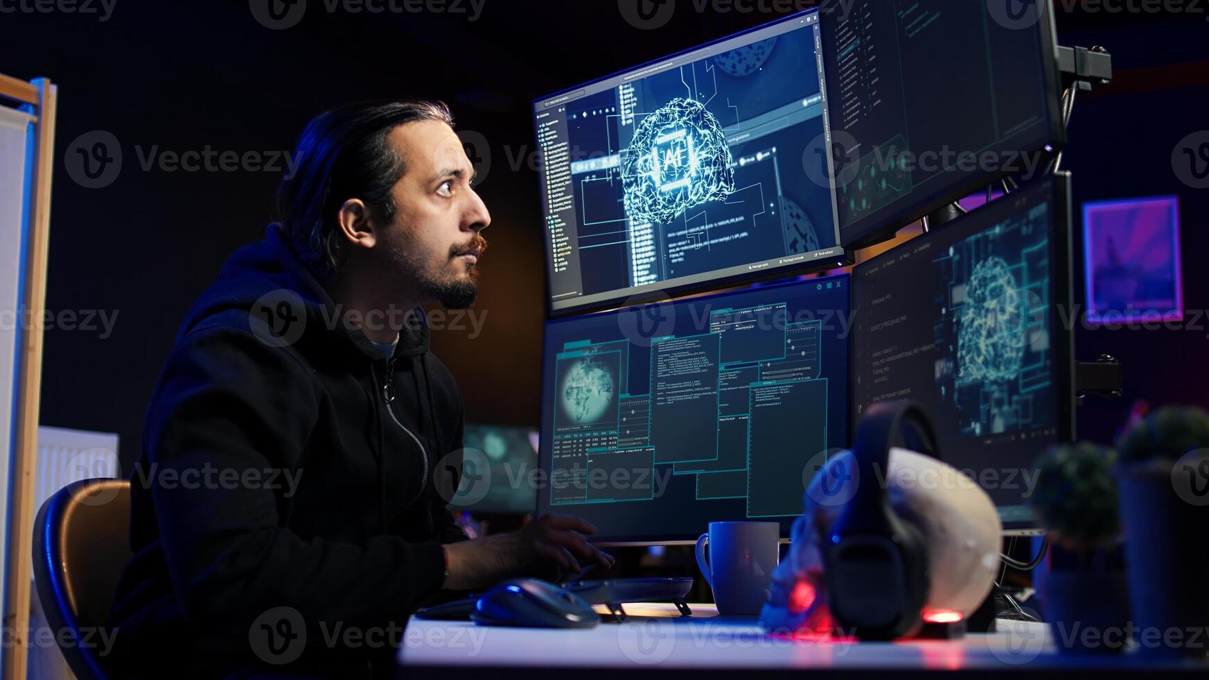 Hacker using AI technology to target vulnerable unpatched connections to steal data. Cybercriminal using artificial intelligence to compromise digital devices and gain illicit info, camera B photo