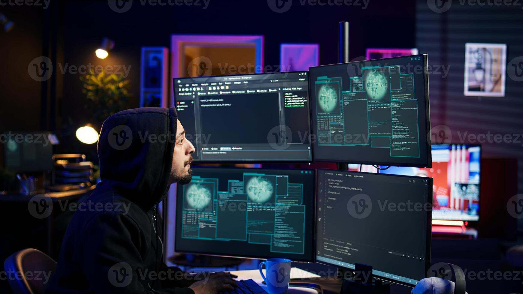 Hacker happy after successfully penetrating firewalls using malware, seeing access granted notification. Rogue programmer successfully gaining access to victim data, camera B photo