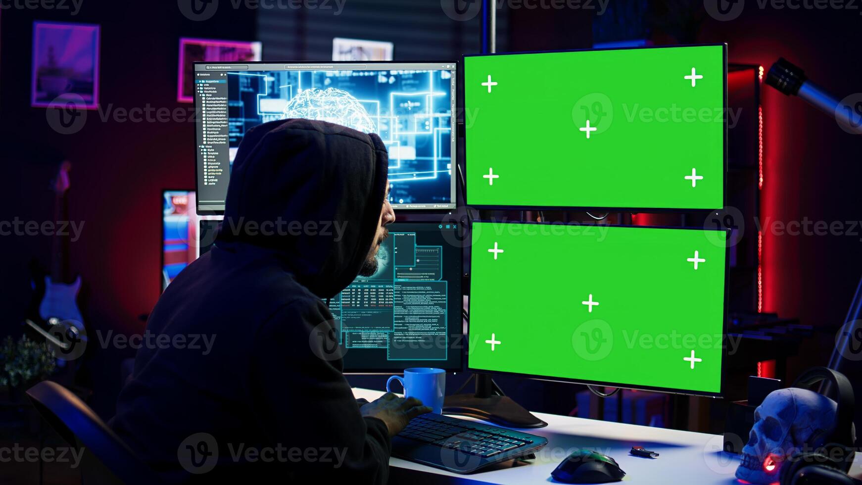Hacker using AI and green screen computer monitors to produce malicious malware corrupt company data. Evil man working on mockup desktop PC using artificial intelligence, infecting systems, camera B photo