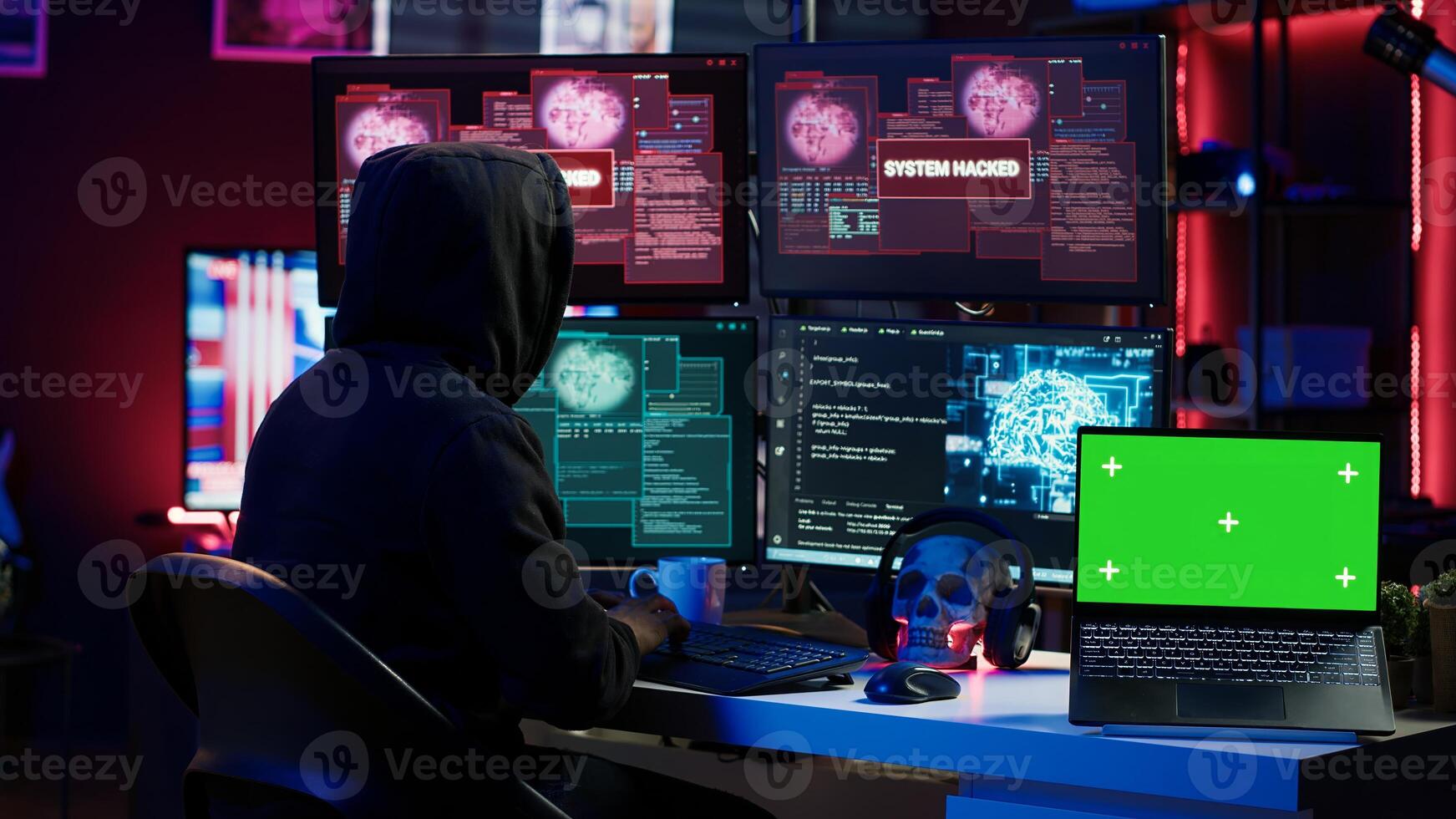 Hacker doing computer sabotage using trojan ransomware on green screen laptop. Cybercriminal uses mockup device to demand ransom money from victims in exchange for access to their data, camera A photo