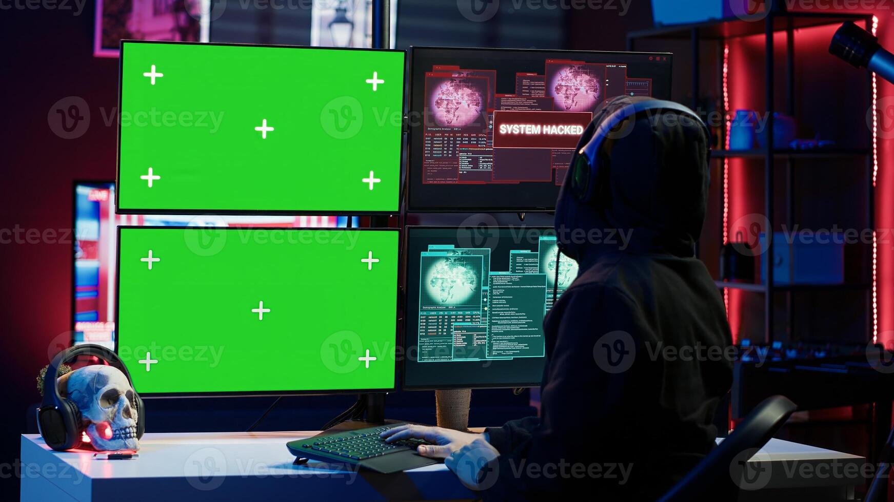 Happy man writing code on green screen PC, celebrating after managing to get past security systems. Joyous hacker feeling proud after breaching firewall using mockup computer, camera A photo