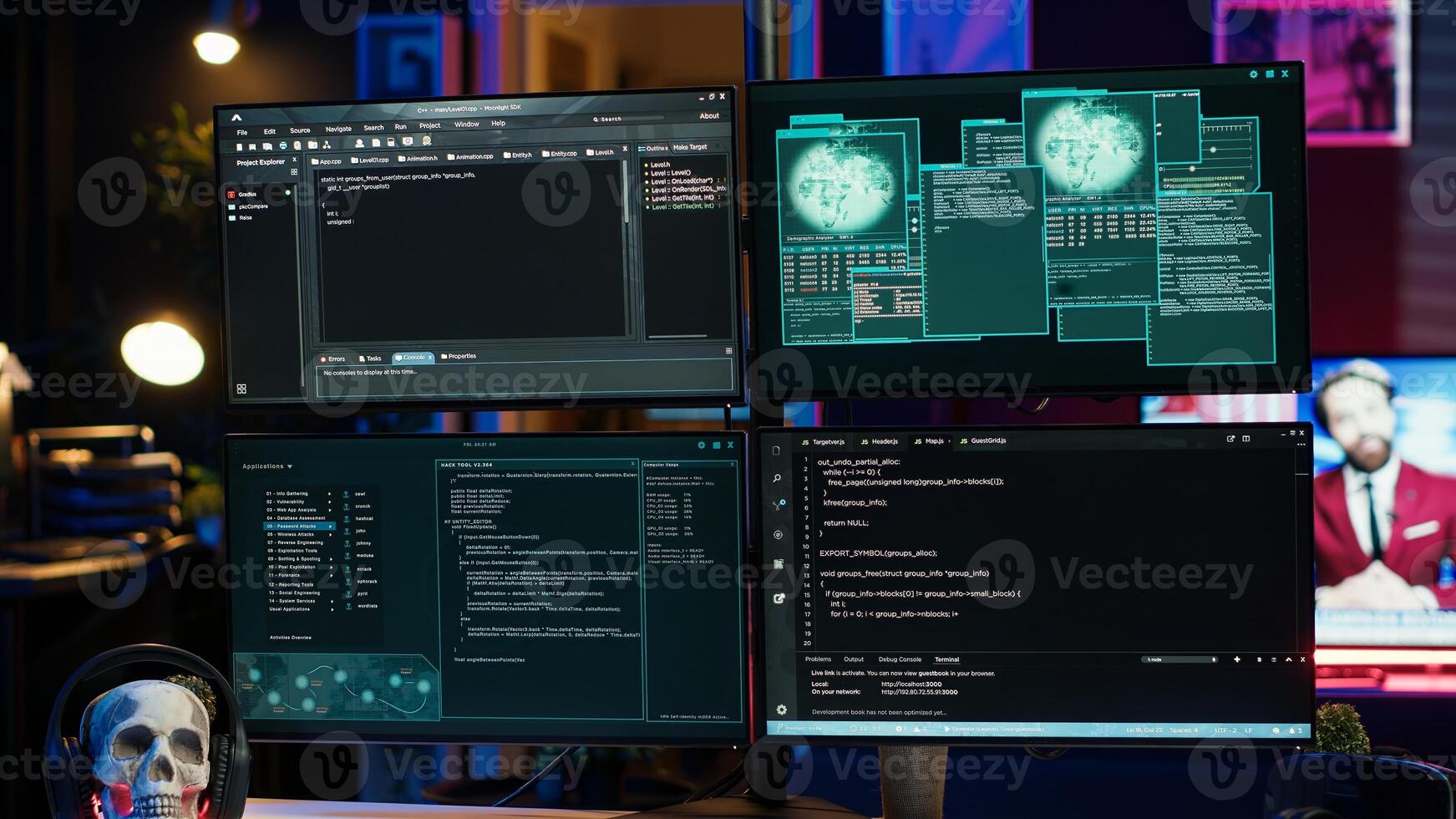 Close up of dangerous hacking lines of code running on computer monitors in criminal den. Programming scripts shown on PC displays in empty hideout used by cybercriminals to steal data photo