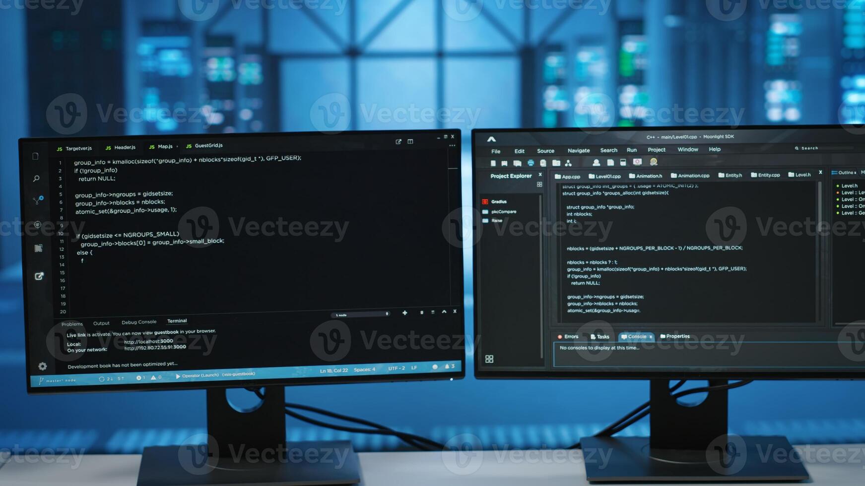 Computers in empty data center facility managing rackmounts energy consumption. Close up of script on PC monitors used for automation and monitoring processes in server room, camera B photo