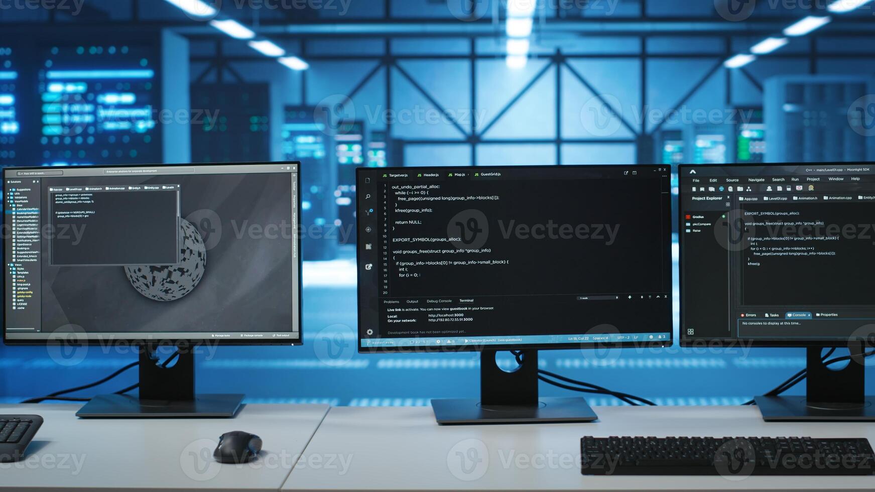 Code running on computer screens in empty data center workspace, used for troubleshooting rackmounts. Close up of script working on desktop PC monitors upgrading mainframes systems in server room photo
