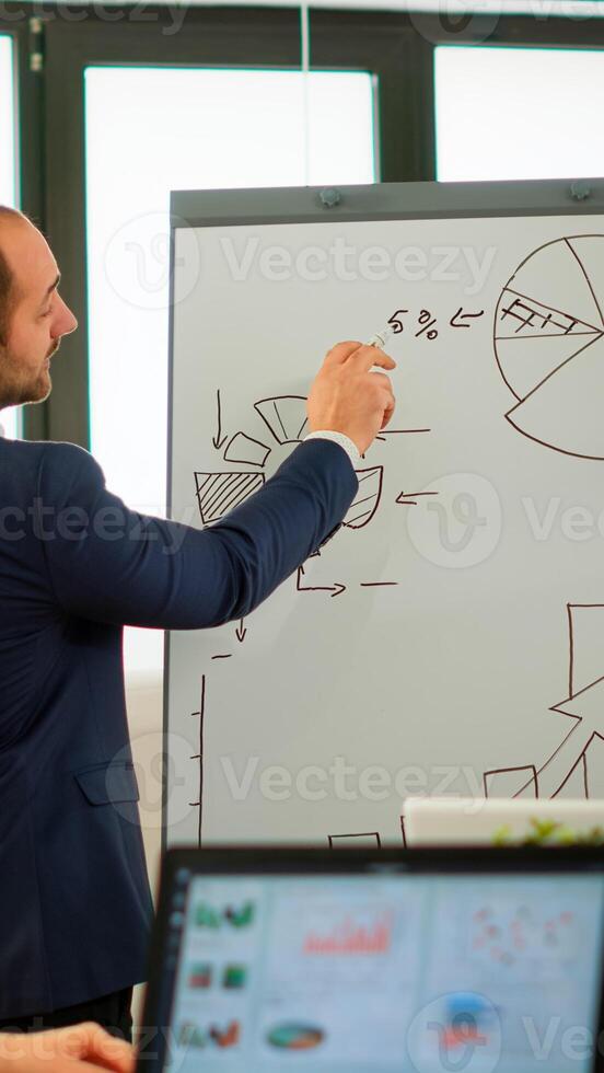 Professional business coache company leader teacher offering flip chart presentation explaining graphs, consulting with clients, training diverse workers group at conference meeting office, boardroom photo