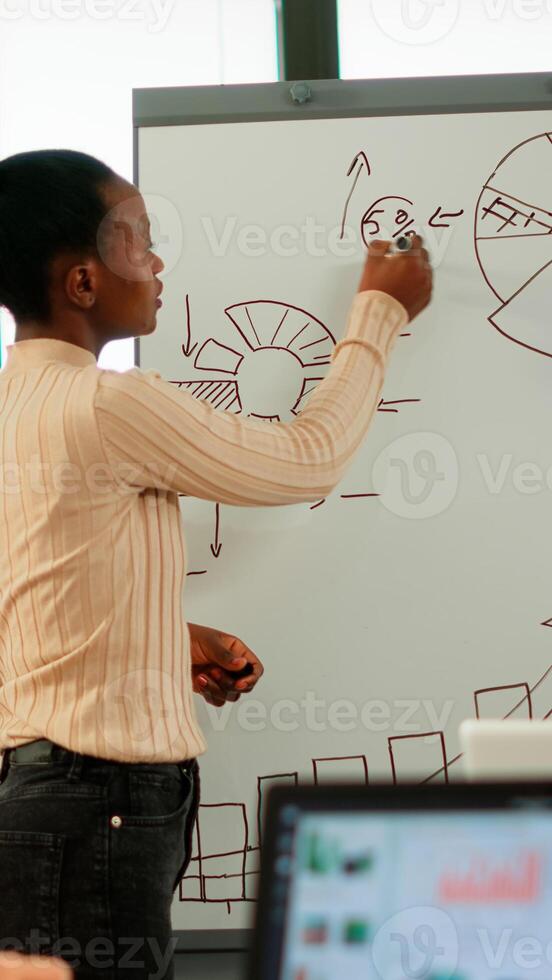 African american manager giving tasks for businesspeople in office, company leader presenting finncial plan on whiteboard. Woman coach speaking to clients pointing on flip chart analysing graphs photo