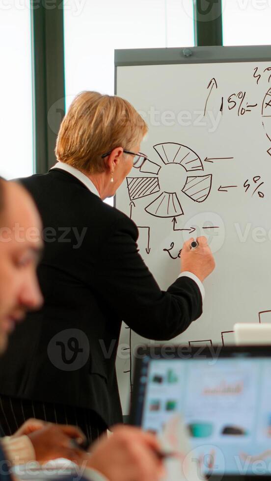 Senior business speaker woman presenting project writing on flip chart, answering question interacting with audience at corporate workshop, business coach and worker talking during conference training photo
