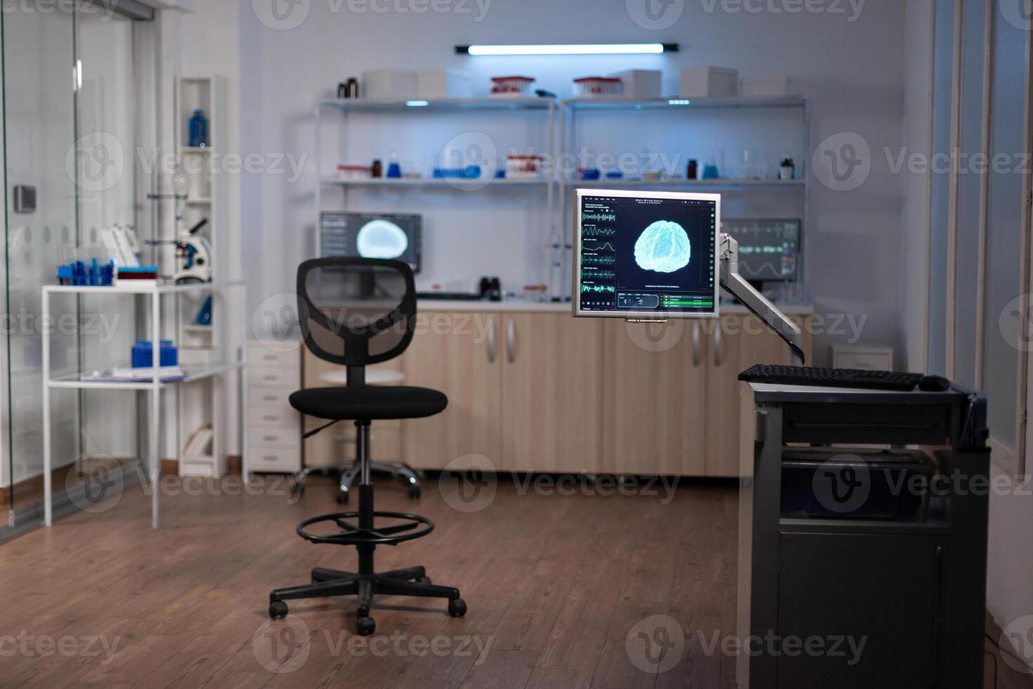 Empty neuroscience laboratory with nobody in it equipped with professional high tech facility for medicine industry. Modern lab with brain information on monitor. Neurology research photo