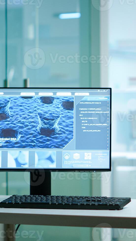 Chemist laboratory with nobody in it modernly equipped prepared for pharmaceutical innovation using high tech and microbiology tools for scientific research. Vaccine development against covid19 virus photo