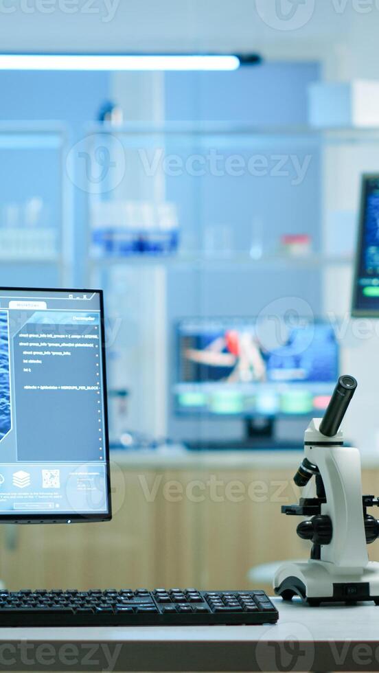Empty laboratory modernly equipped with nobody in it, prepared for pharmaceutical innovation using high tech and microbiology tools for scientific research. Vaccine development against covid19 virus. photo