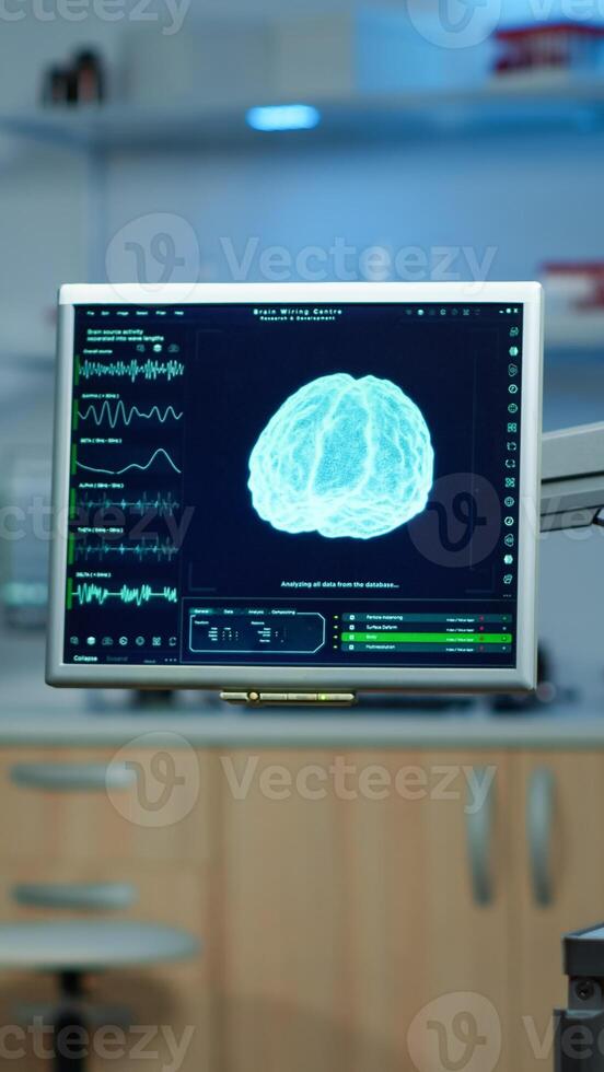 Empty laboratory modernly equipped with nobody in it, prepared for neurological innovation using high tech and microbiology tools for scientific research. Medical clinic for examining brain functions photo