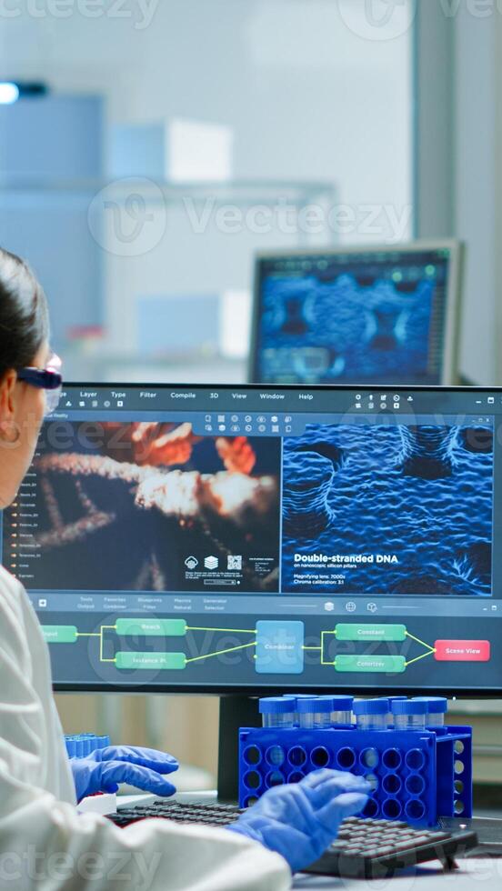 Team of scientists worried about virus evolution discussing in equipped laboratory pointing at computer. Stuff examining vaccine development using high tech researching treatment against covid19 virus photo