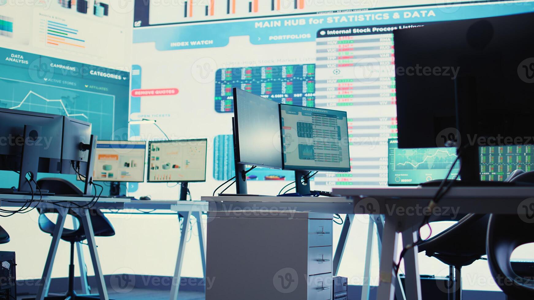 Empty business enterprise control room with a big LED screen used in monitoring organizational statistics and progress. Global firm headquarters used for briefing meetings. Camera B. photo