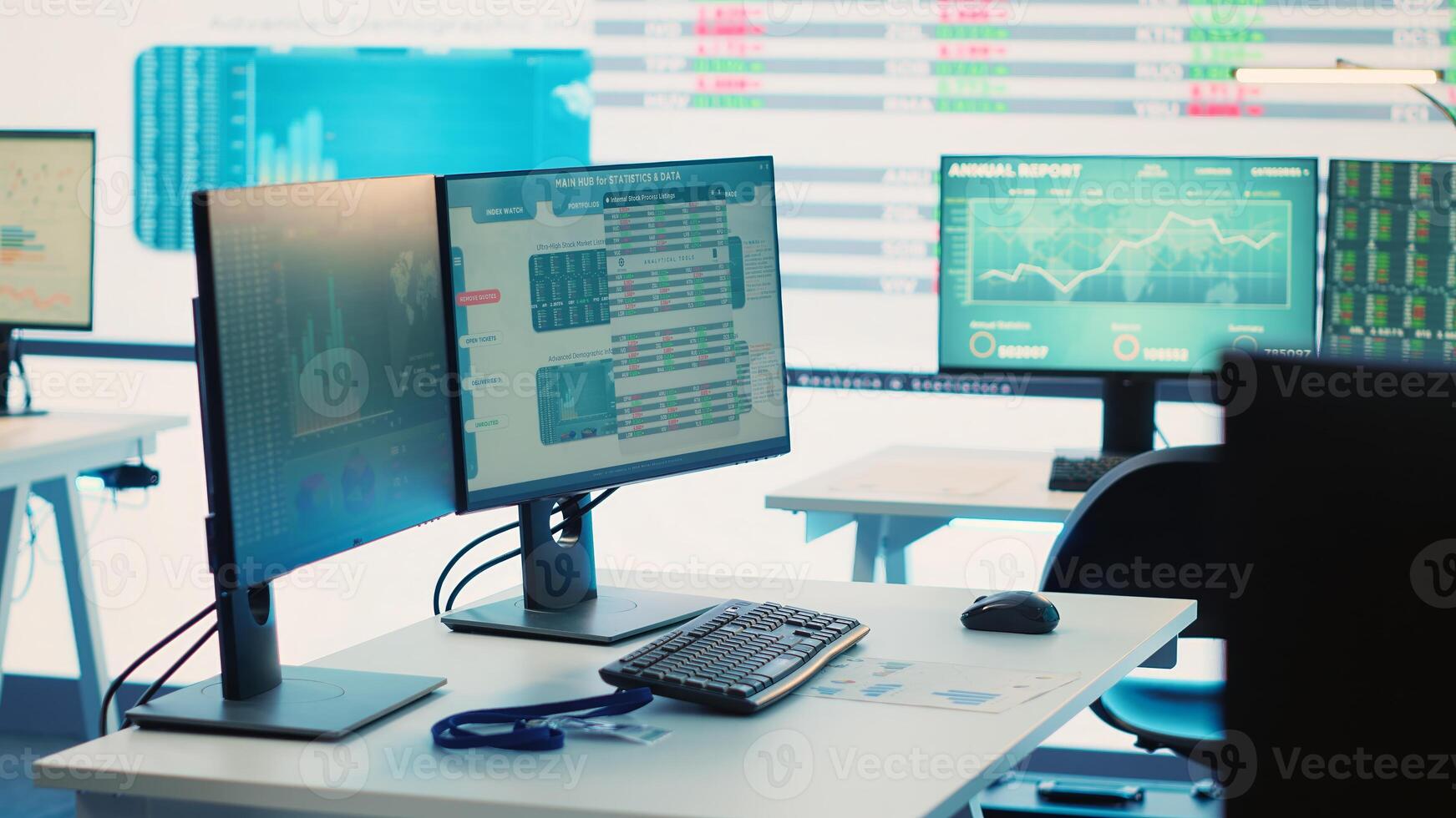 Multinational company headquarters office with a big data screen, technology used for employees to monitor numbers and infographics relevant to business development or expansion. Camera A. photo