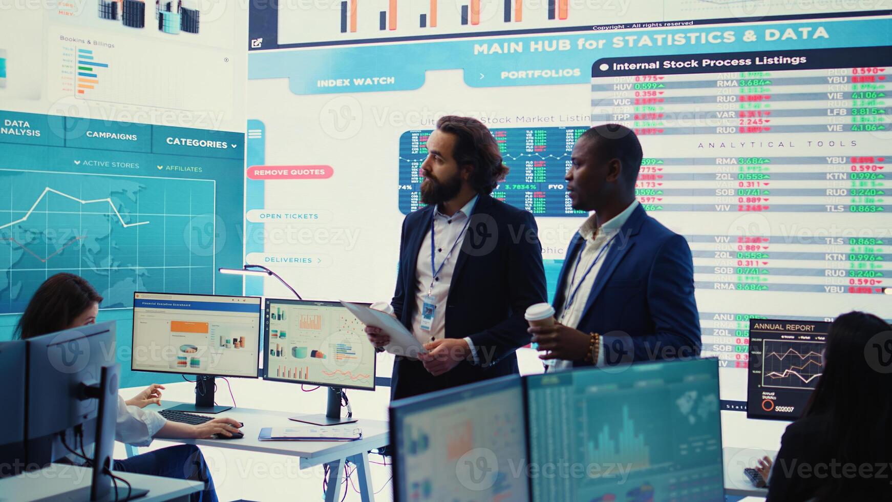 General director discussing with an investor to increase funding for a project, presenting performance metrics and annual data on a big screen. Business associates share strategies. Camera B. photo