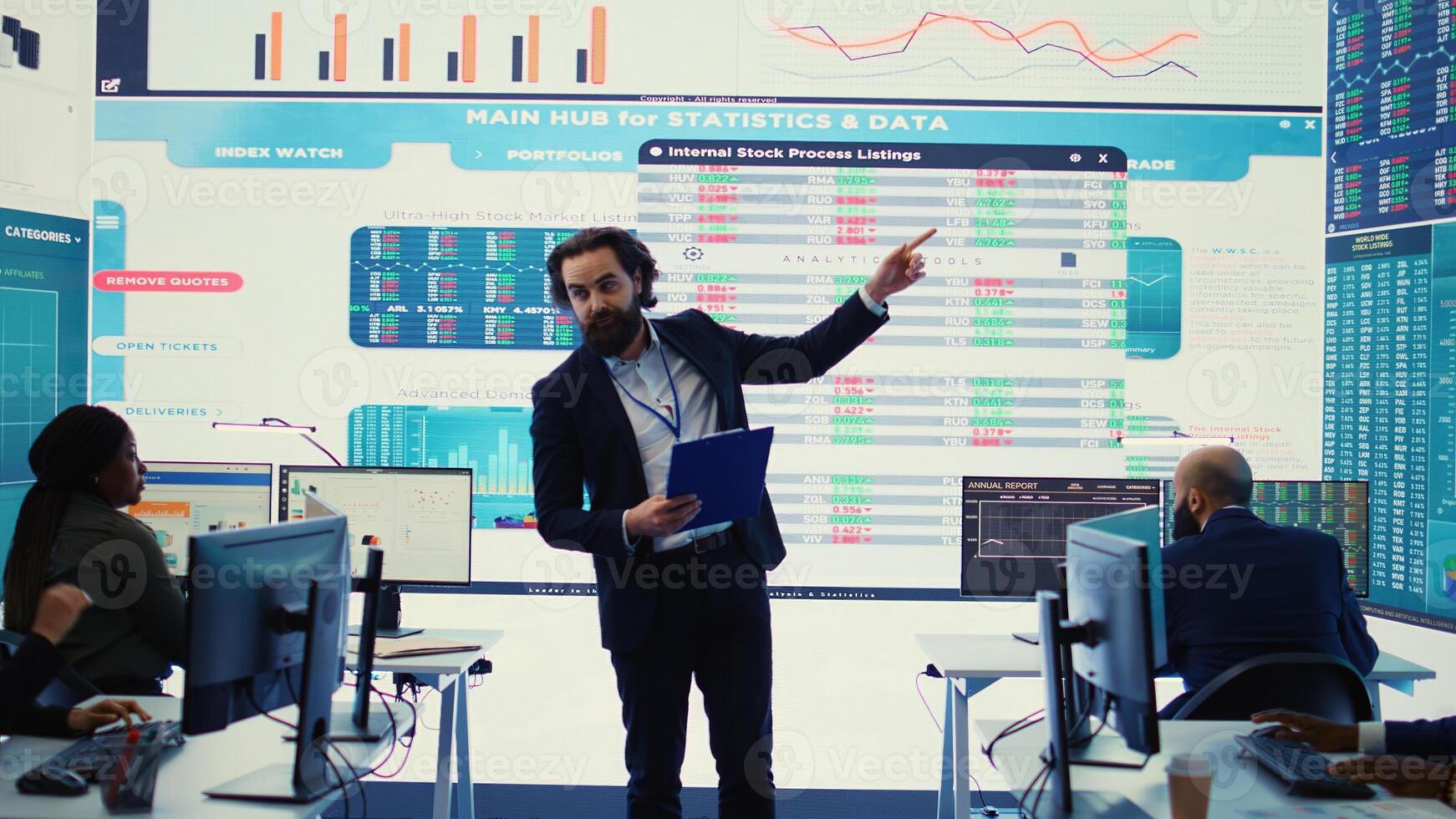 Teammates and manager assembling in a big data room to go over their results, examining graphic representations with feedback from shareholders investors. Exchanging perspectives. Camera B. photo
