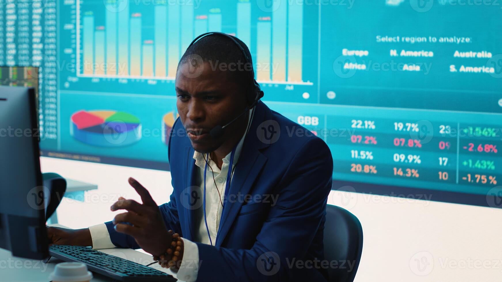 General director examining statistics big data on computer in a control room, makes a briefing report. Business manager studying sales numbers to adapt within market conditions. Camera A. photo