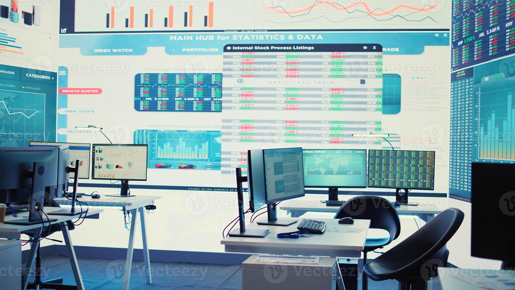 Empty telecommunications company system control and monitoring room, coworking space equipped with a big screen to follow and monitor enterprise statistics or progress. Camera B. photo