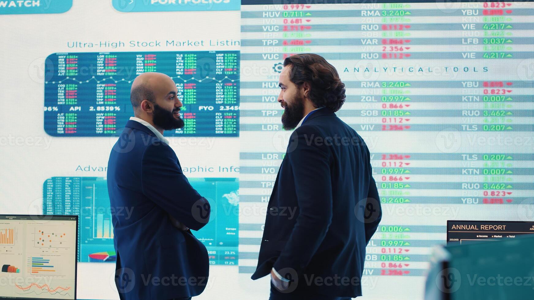 General manager and CEO sharing insight about a new development strategy with data on a big screen, presenting annual infographics to analyze business activity status. Investors team. Camera A. photo