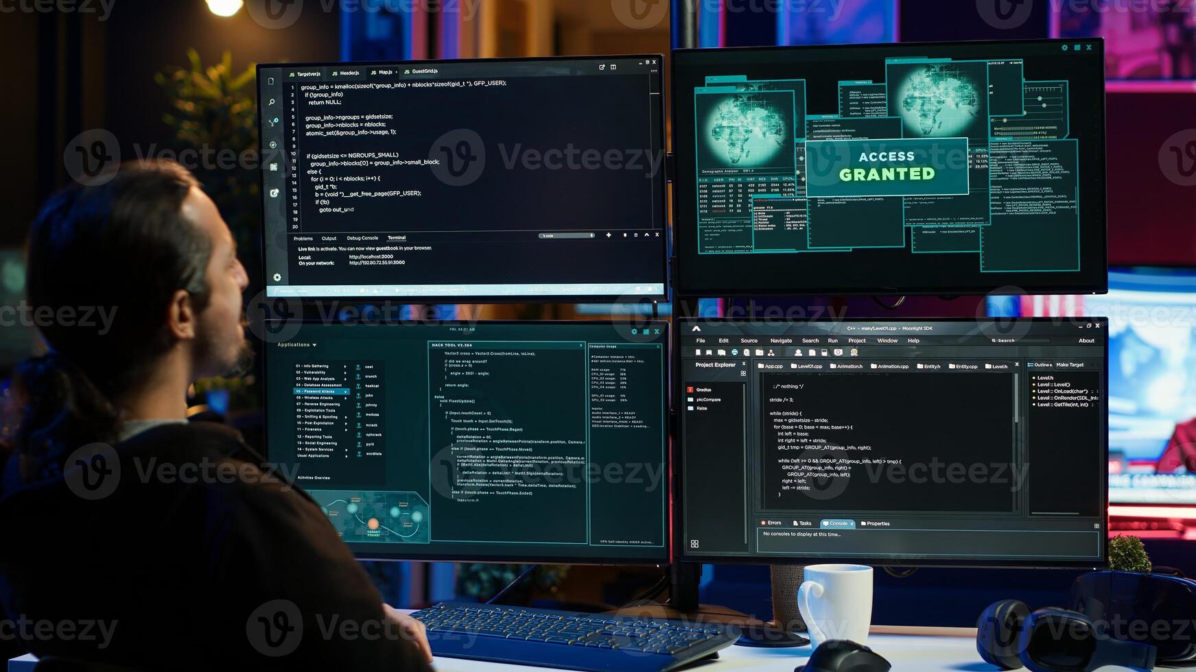 Happy hacker in secret hideout celebrating after managing to hide online activity after stealing data. Cheerful scammer feeling proud after successfully attacking victims using malware, camera A photo
