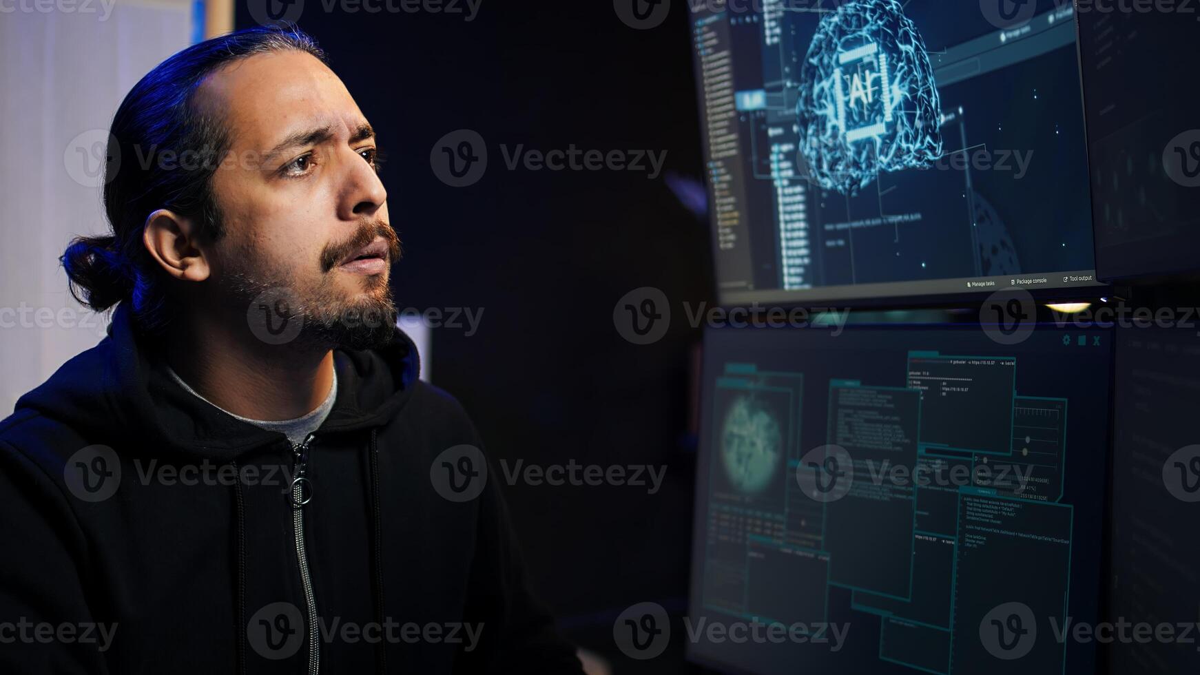 Hacker using AI machine learning to find unpatched connections and steal data. Close up shot of scammer using artificial intelligence to compromise digital devices and illegally gaining info, camera B photo