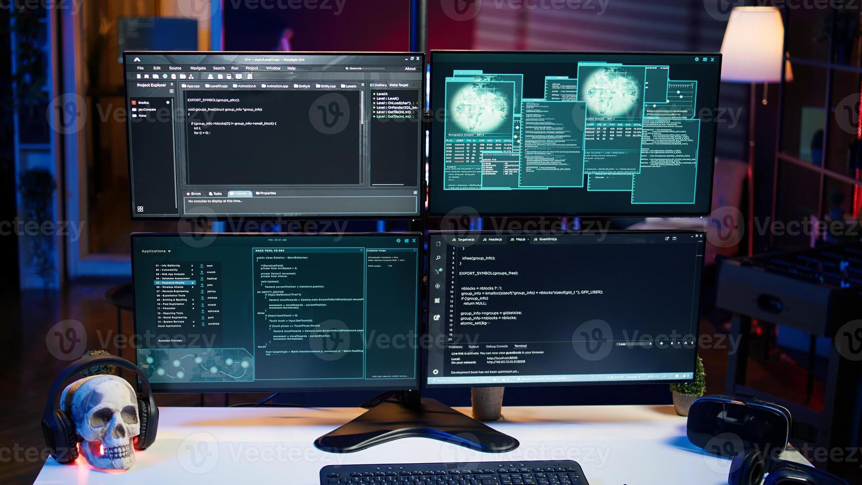 Close up of desk in criminals den and hacking software interface on PC used for stealing data and blackmailing victims. Technology in apartment used for deploying DDOS attacks scripts photo