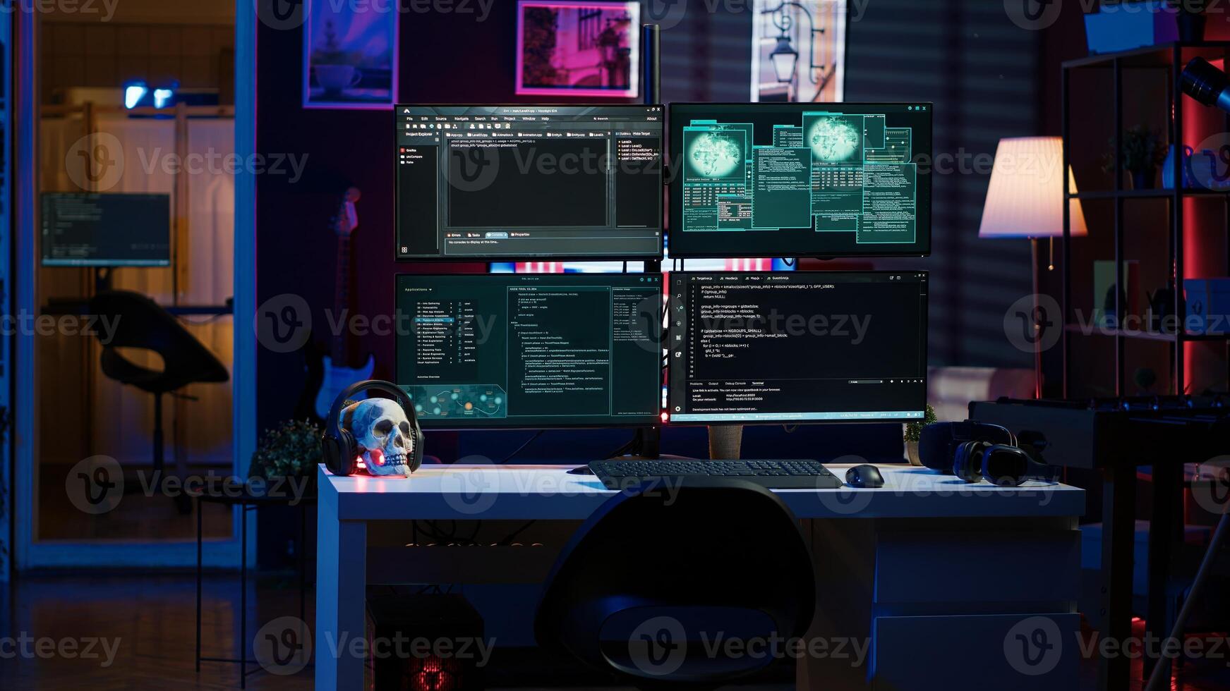 Script running on computer in secret base of operations used by hacker to steal data. Programming language on screen in empty room used by cybercriminal, attacking firewalls photo