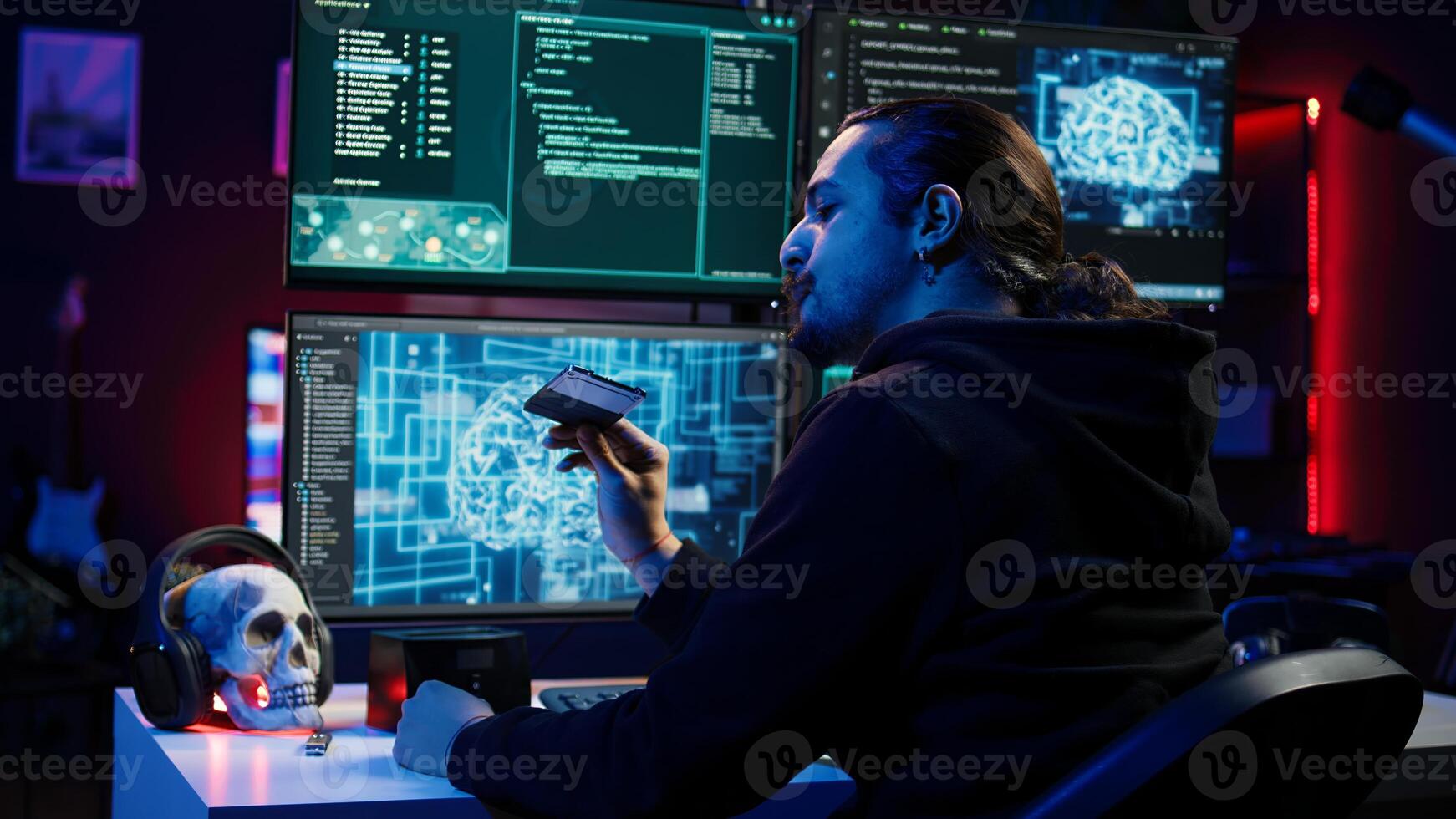 Hacker uploading sensitive data from SSD obtained from victim through ransomware virus, close up. Scammer inserting storage drive with stolen information from users, finishing evil plan, camera B photo