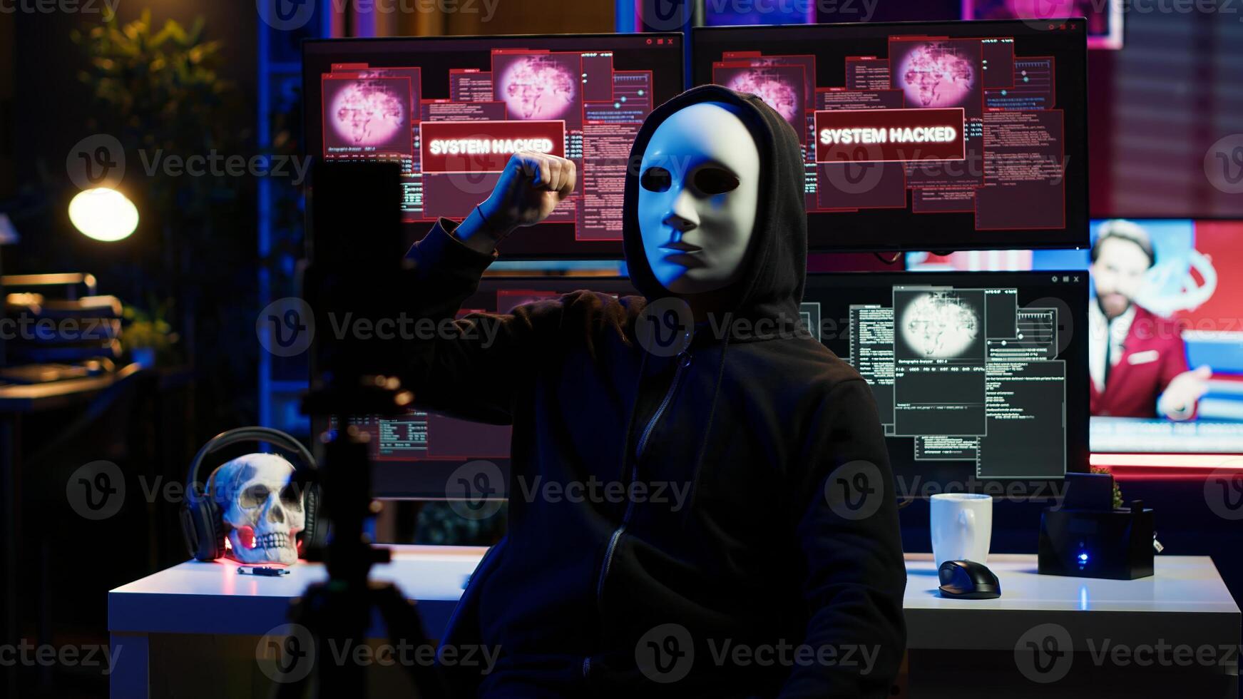 Dissident social justice crusader doing online activism, wearing anonymous masks and filming in underground bunker, blackmailing government after stealing secret military documents, camera A photo