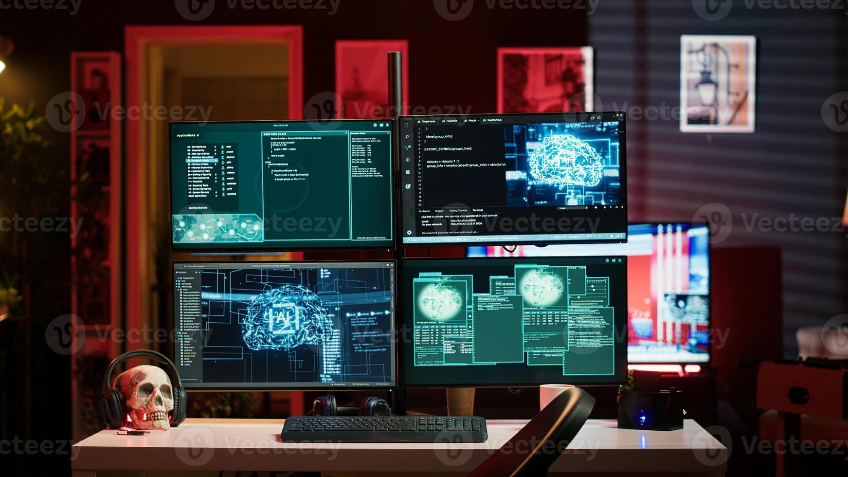 Hacker in hideout interrupted by police sirens from writing malware code on computer, running to escape before getting caught. Criminal den found by anti hacking law enforcement, camera A photo