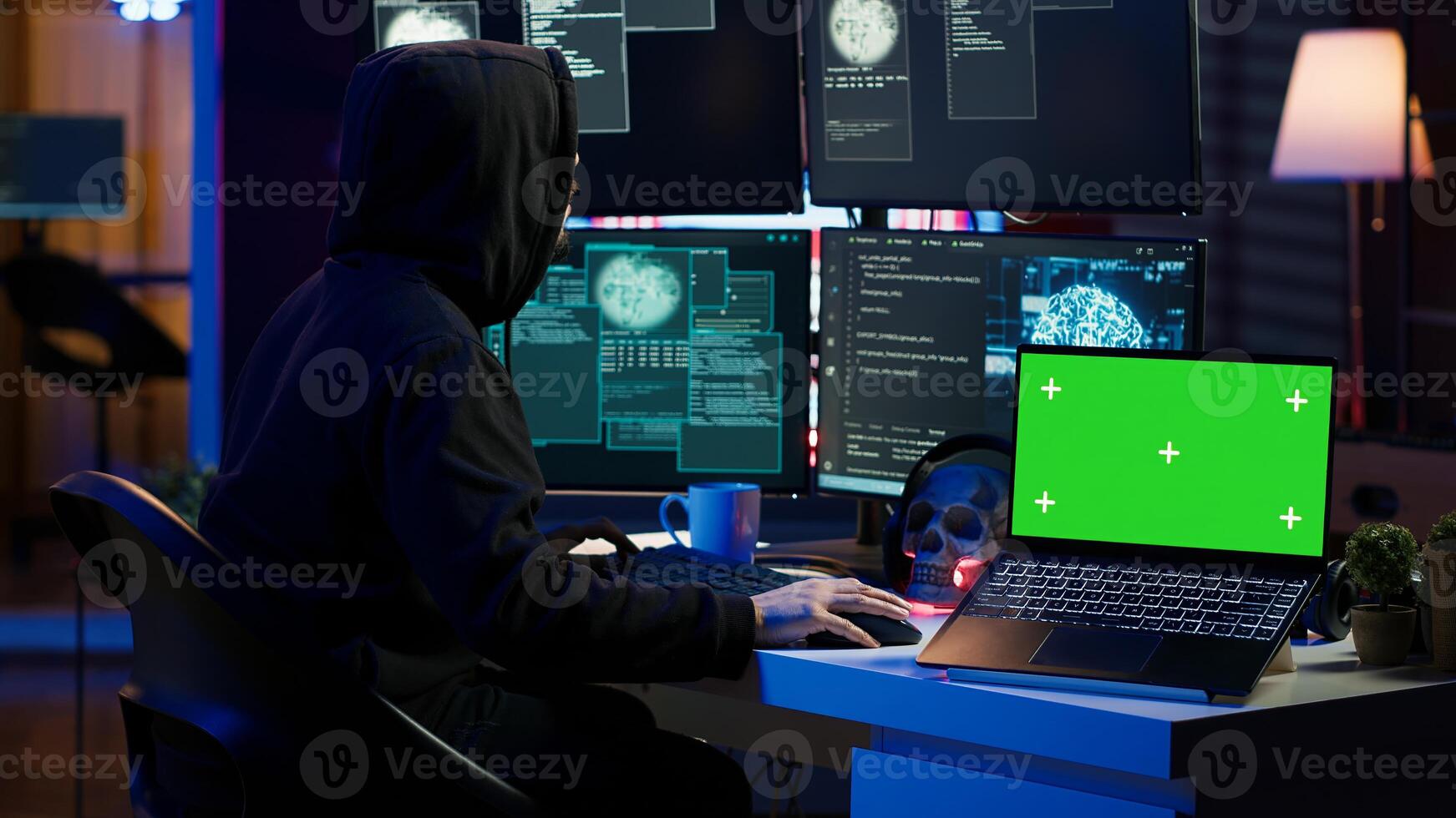 Hacker using isolated screen laptop and AI technology to deploy malware on unsecured devices. Scammer stealing sensitive data from unaware users using mockup notebook, camera A photo